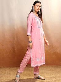 Vishudh Pink Floral Embroidered Straight Kurta with Trousers & Dupatta