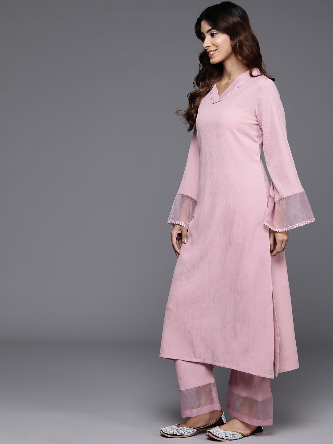 Varanga Pink Flared Sleeve Organza detailed Solid Kurta & Palazzo