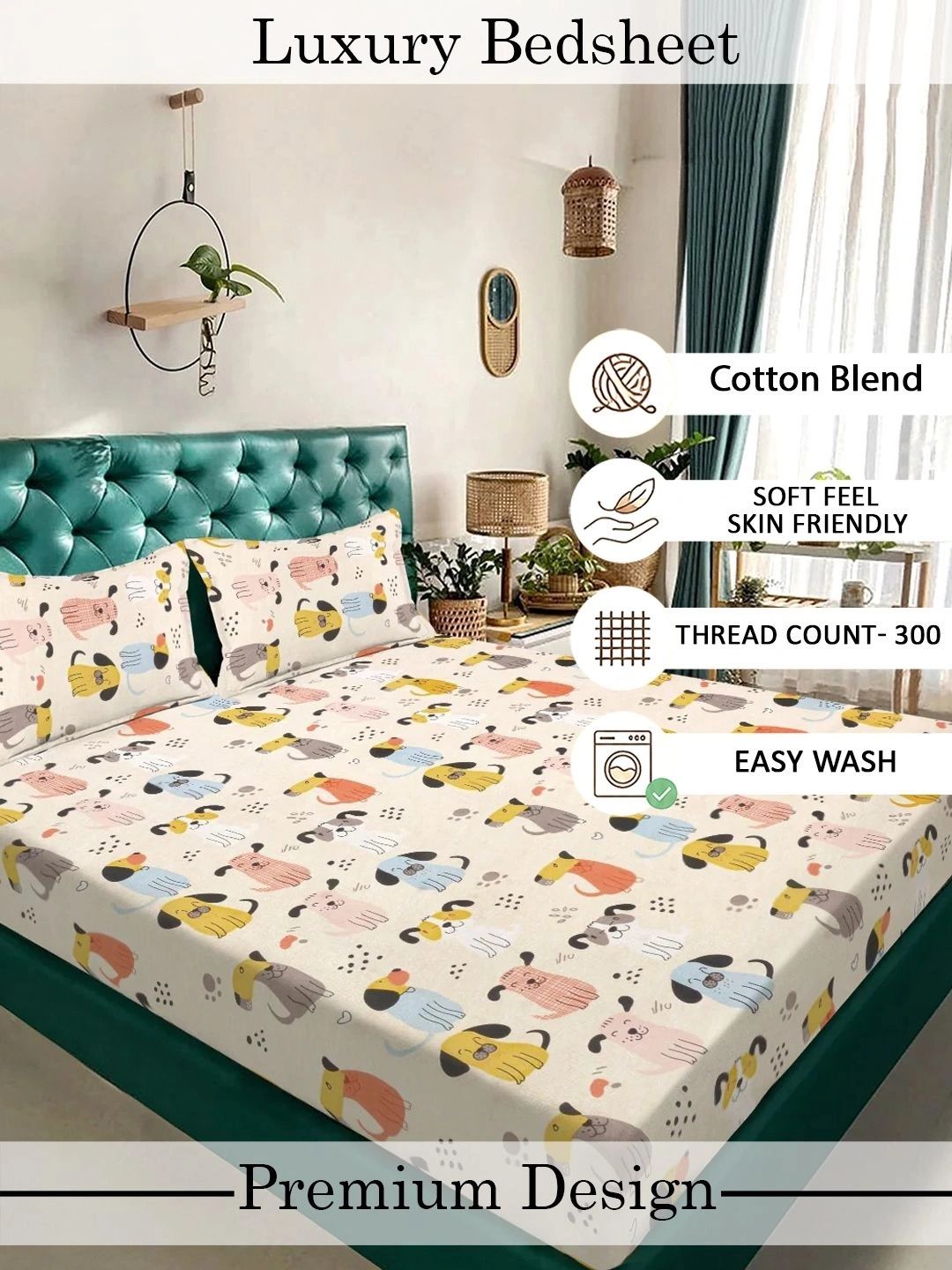 Myntra Elegant Homes Watak Kartun Berwarna Krim 300 TC Cadar Katil King dengan 2 Sarung Bantal