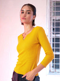 SASSAFRAS Women Mustard Yellow Ribbed Round Neck T-shirt