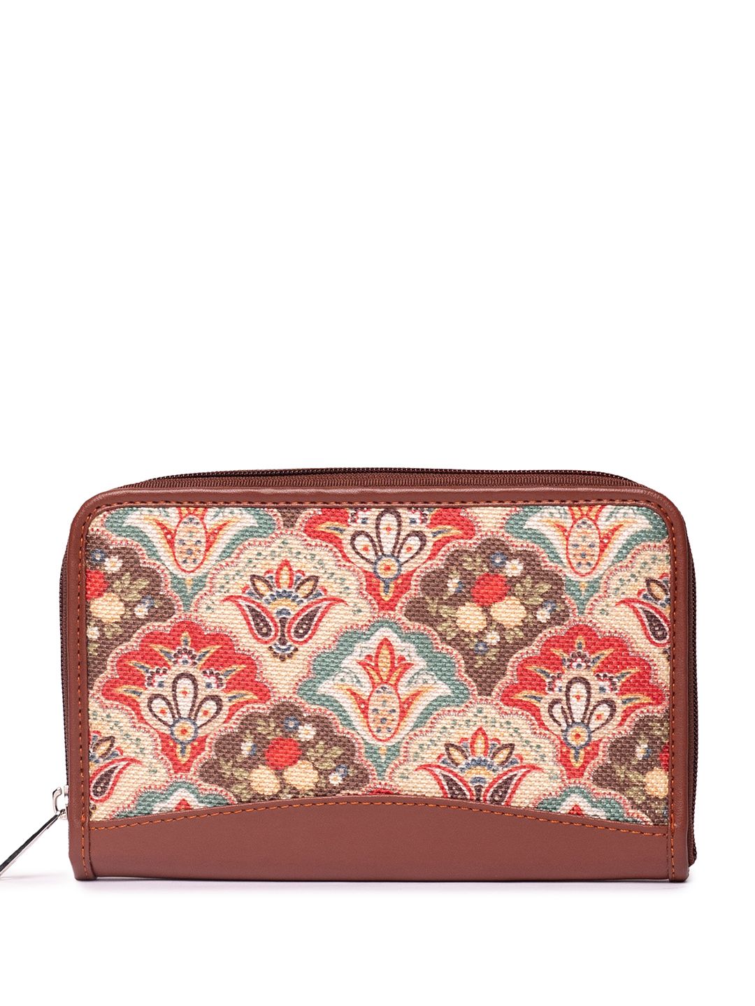 ZOUK Women Brown & Teal Printed Zip Around Wallet