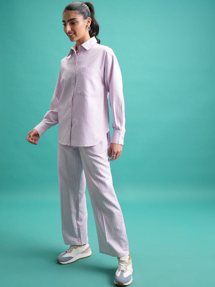 Tokyo Talkies Purple Striped Cotton Shirt With Trouser Co-Ords