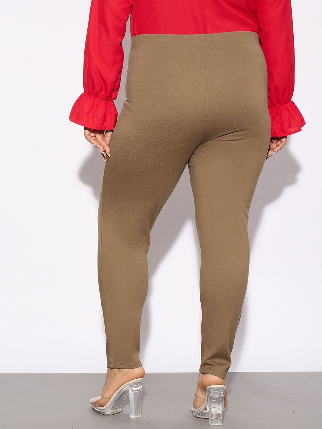 SASSAFRAS Curve Women Plus Size Beige Slim Fit Zip Detail Regular Trousers