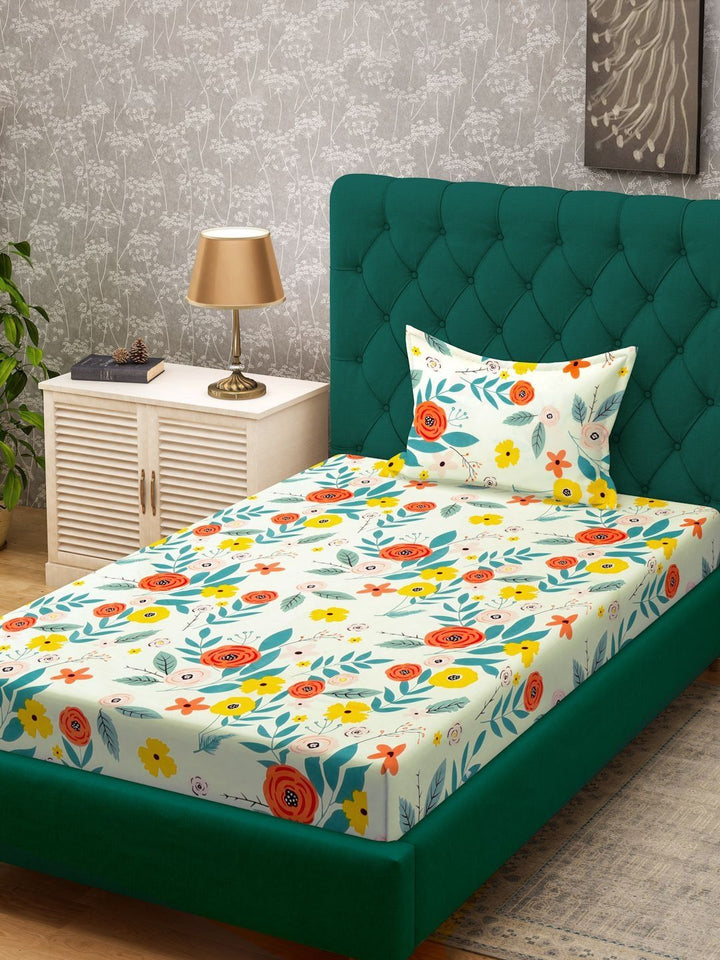 Myntra Elegant Homes White & Red Floral 300 TC Single Bedsheet with 1 Pillow Covers