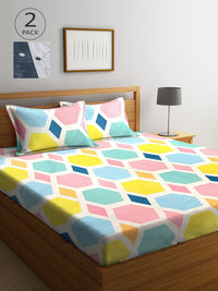 KLOTTHE Multicoloured Geometric Polycotton 300 TC King Fine 2 Bedsheet with 4 Pillow Covers-98 x 87 inches