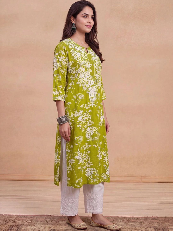 House of Chikankari Women Green Mulmul Chikankari Embroidered Republic Day Republic Day Kurta
