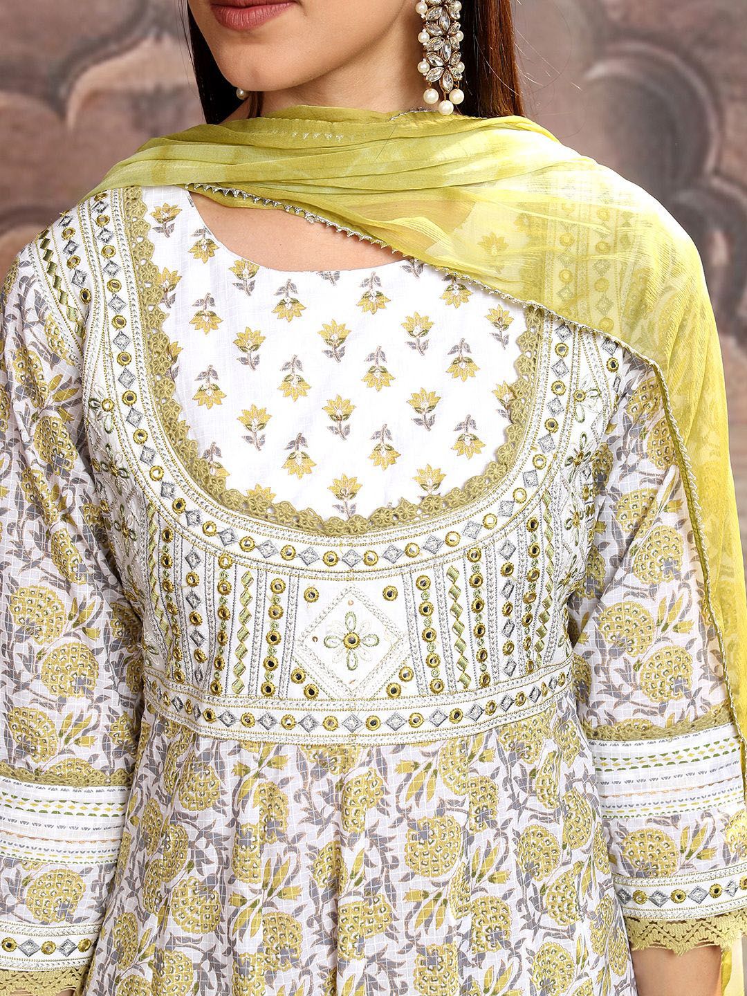 Vishudh White Printed Thread Work Pure Cotton Anarkali Kurta With Trousers & Dupatta