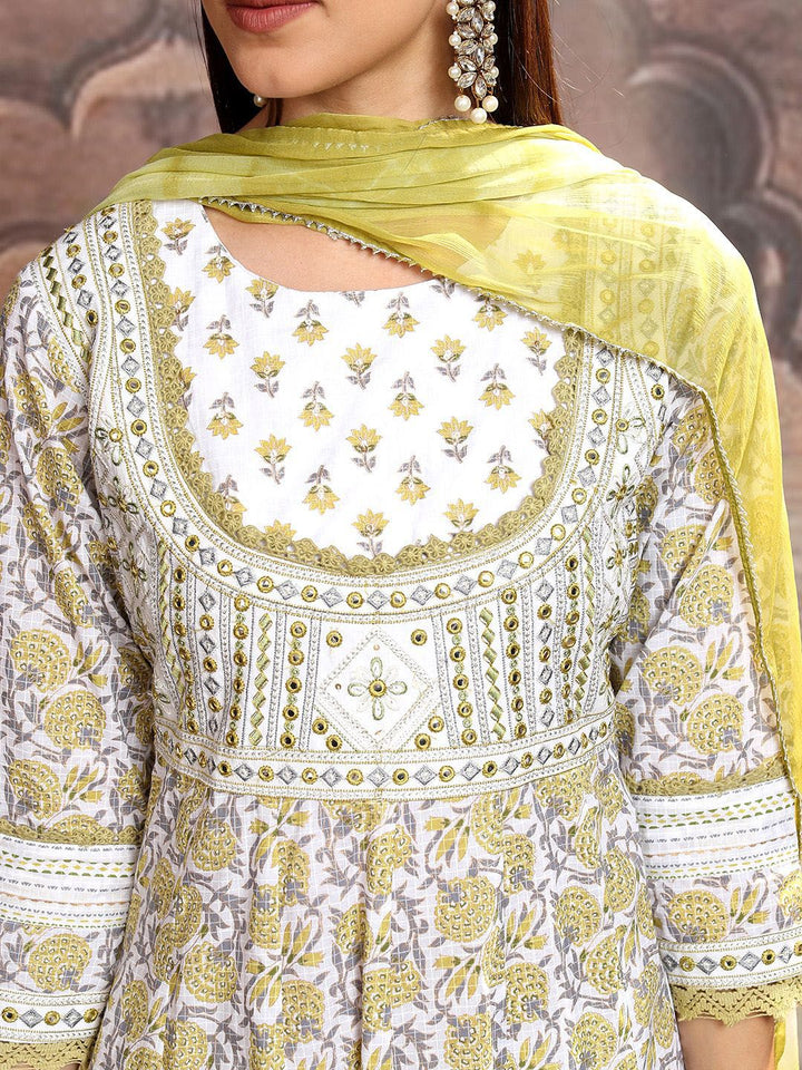 Vishudh White Printed Thread Work Pure Cotton Anarkali Kurta With Trousers & Dupatta