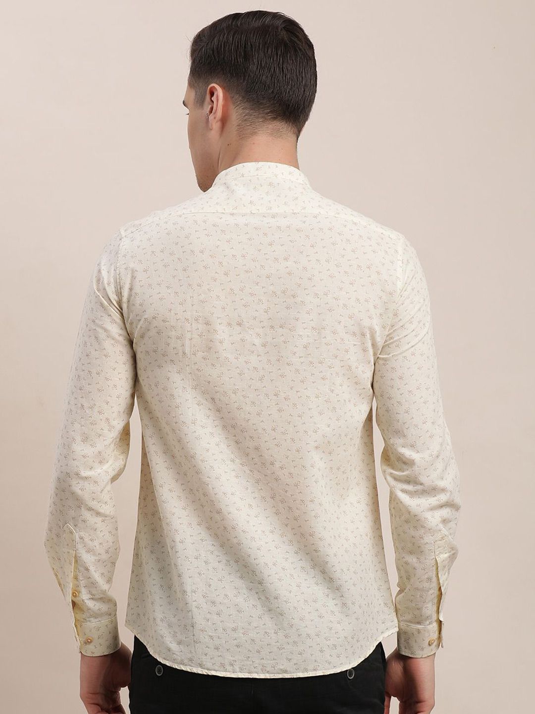 Turtle Men Relaxed Mandarin Collar Micro Ditsy Printed Cotton Linen Slim Fit Casual Shirt