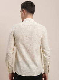 Turtle Men Relaxed Mandarin Collar Micro Ditsy Printed Cotton Linen Slim Fit Casual Shirt