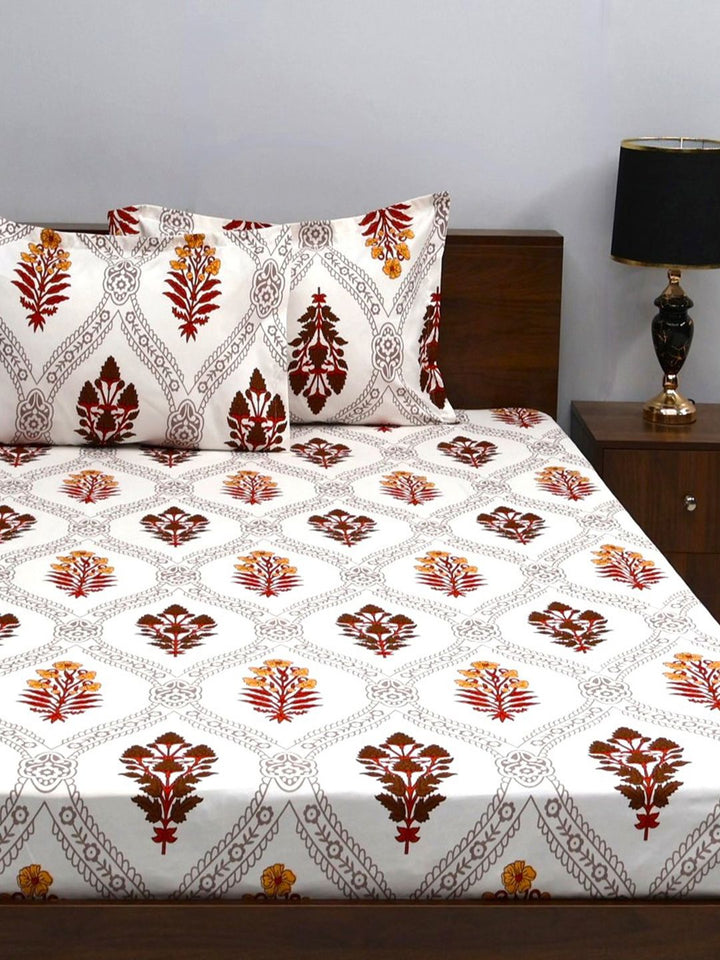 BOMBAY DYEING White & Red Floral 160 TC Queen Bedsheet with 2 Pillow Covers