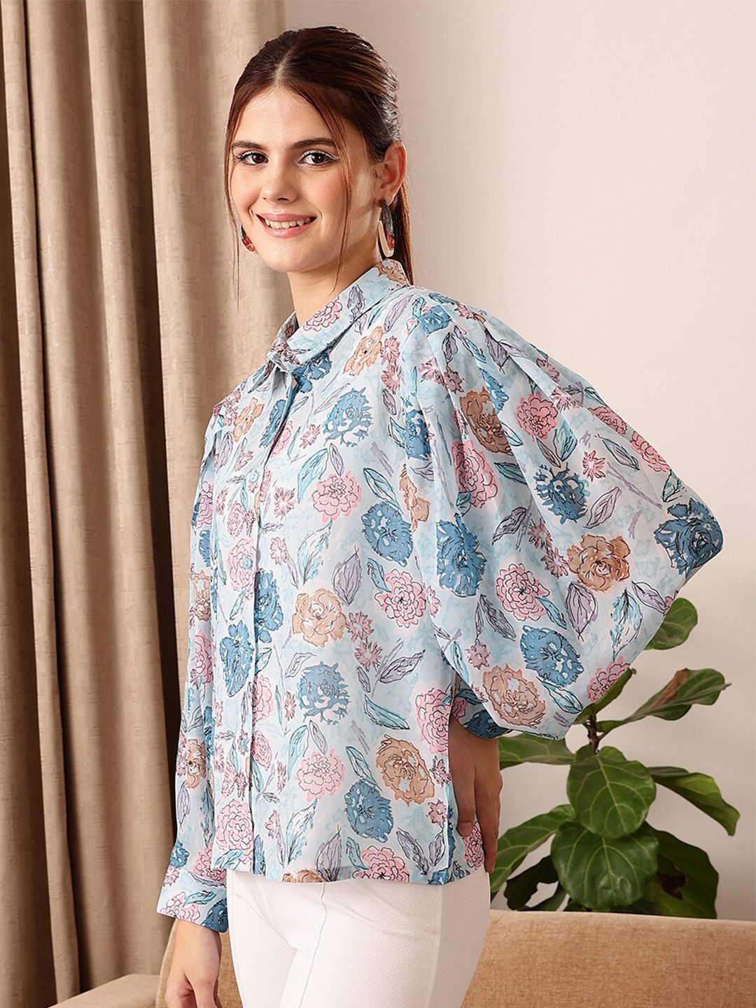 STREET 9 Blue Floral Printed Puff Sleeves Shirt Style Top