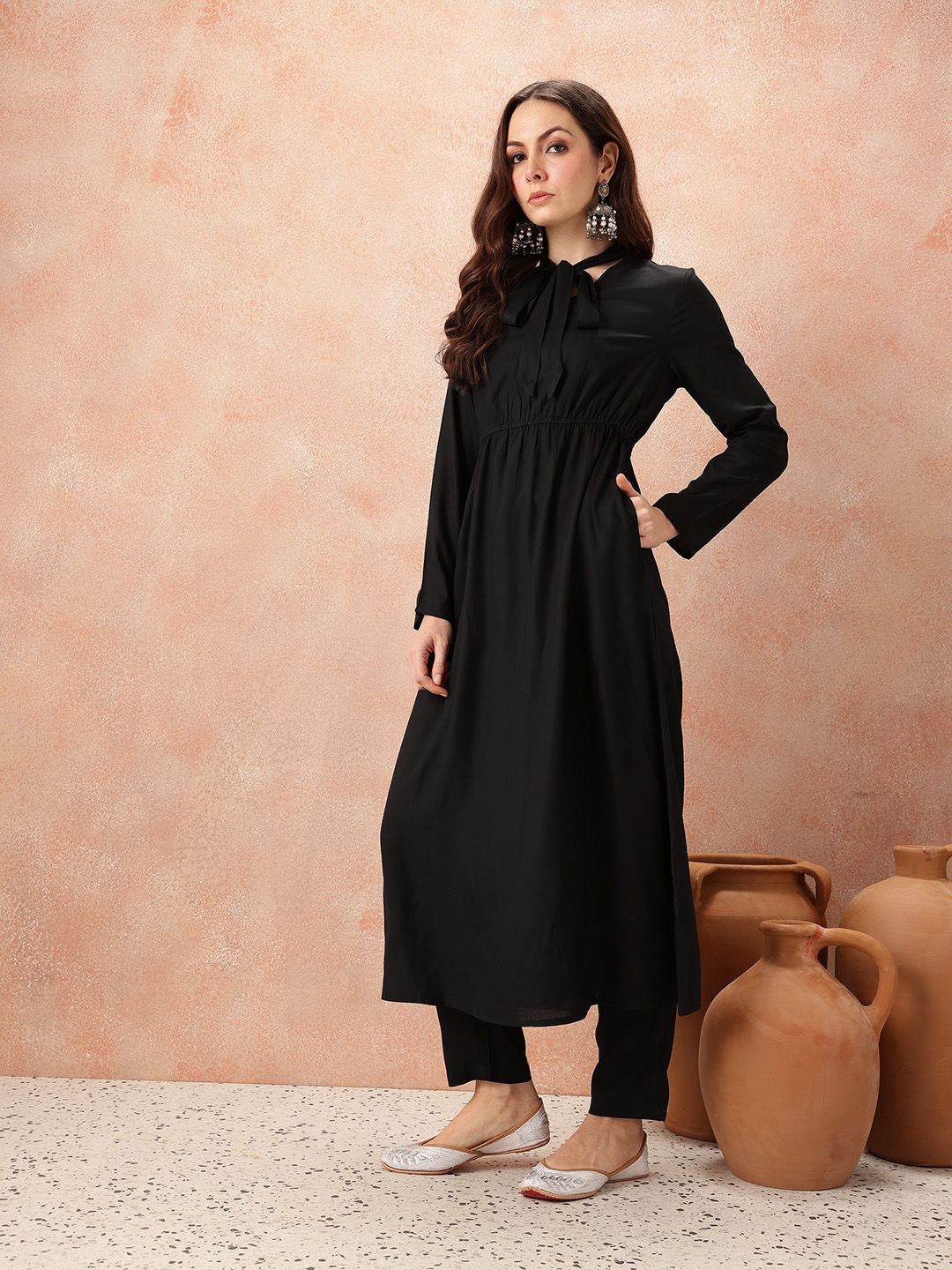 all about you Tie-Up Neck Empire-Style A-Line Kurta with Trousers
