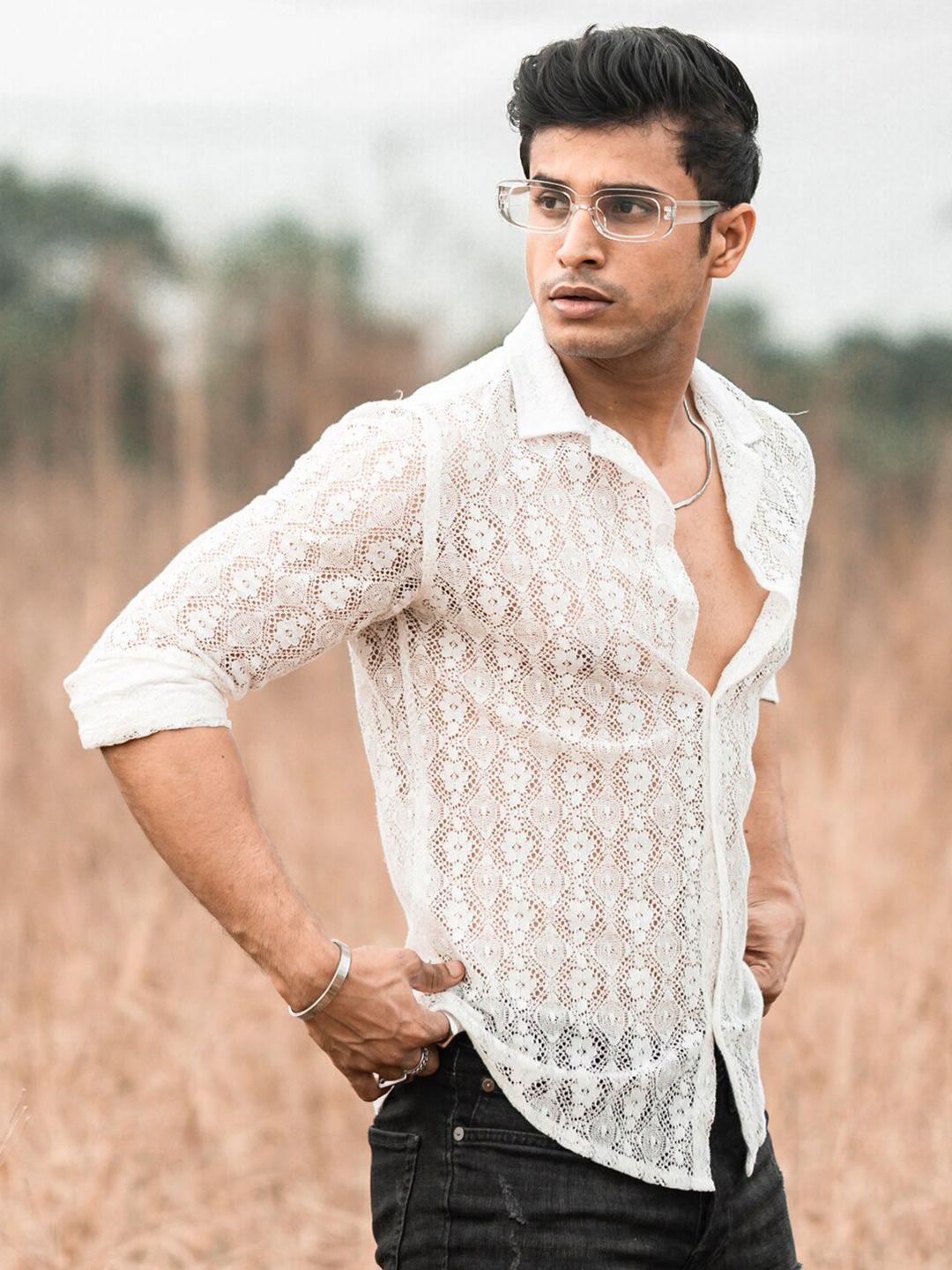 Powerlook White Textured Self Design India Slim Pure Cotton Sheer Crochet Shirt