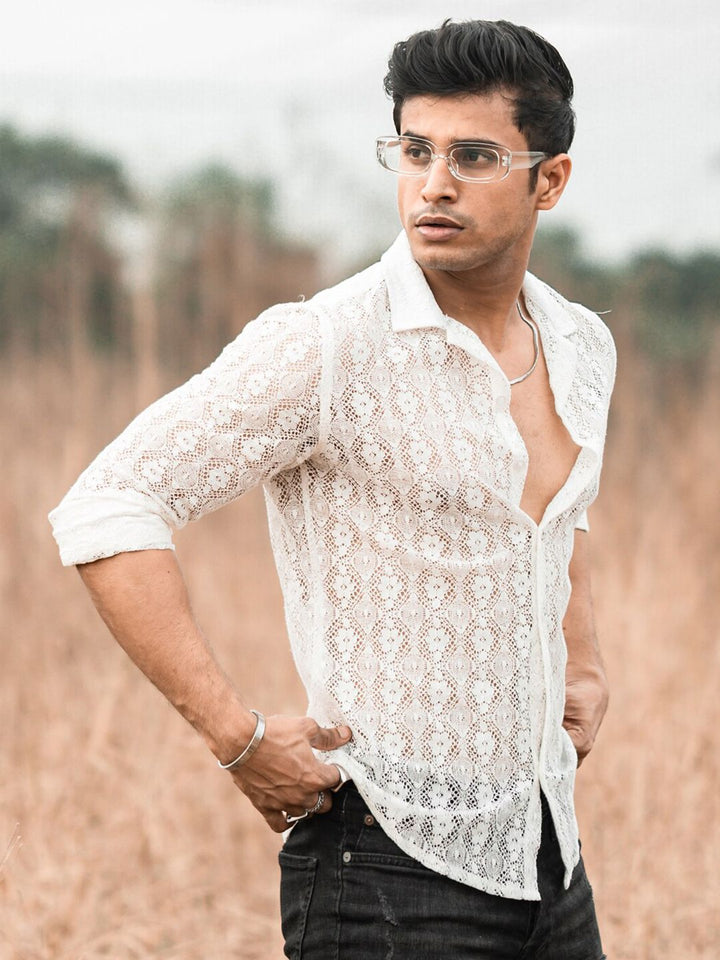 Powerlook White Textured Self Design India Slim Pure Cotton Sheer Crochet Shirt