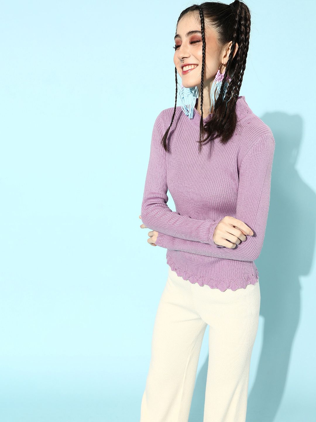 STREET 9 Women Lavender Acrylic Ribbed Pullover