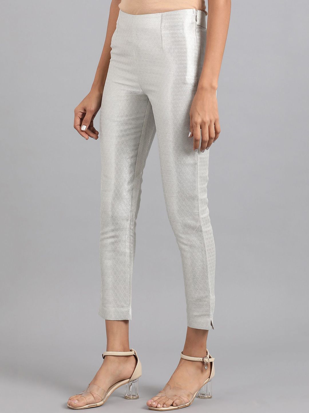 W Women Silver-Toned Striped Slim Fit Trousers