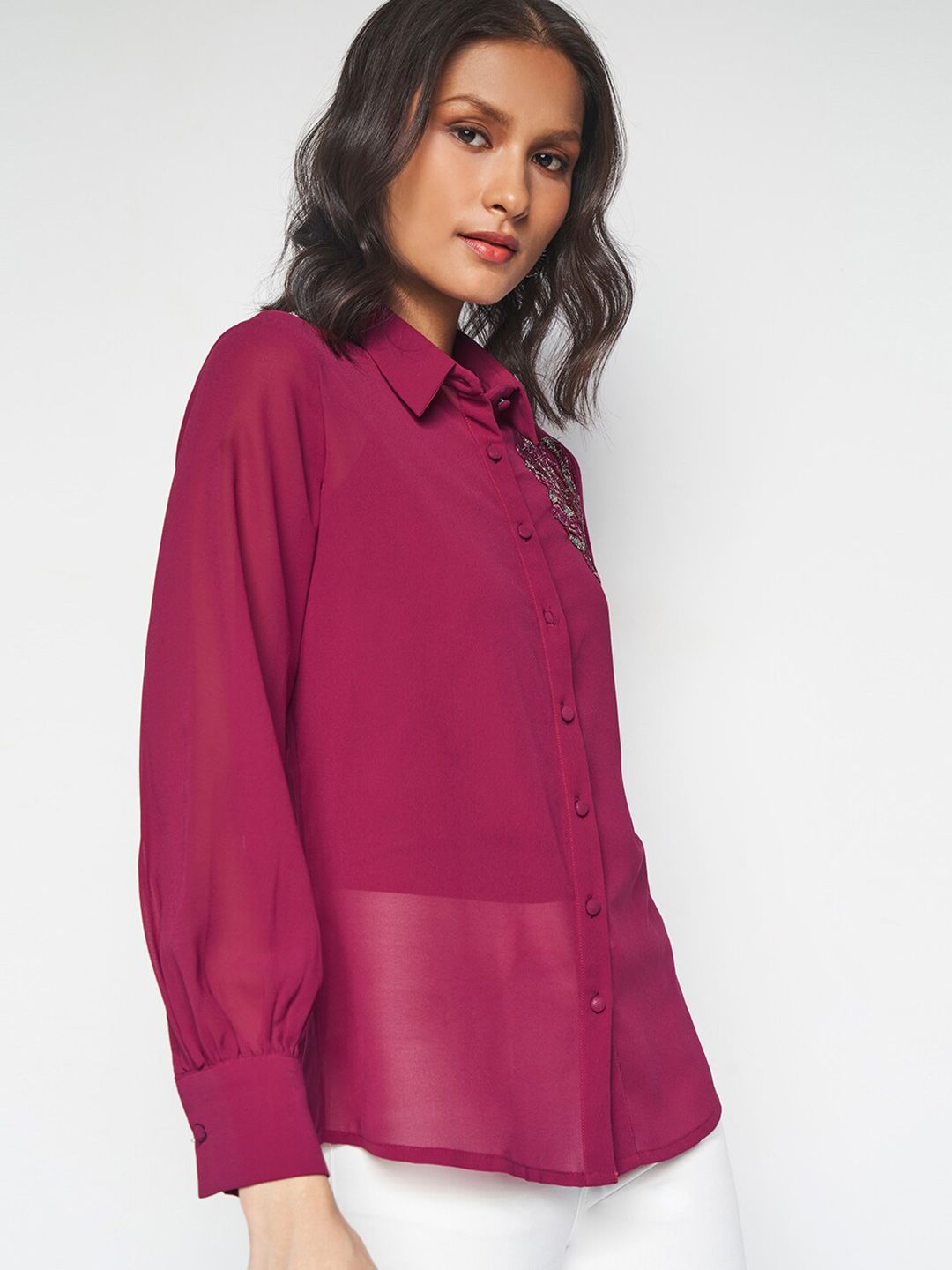 AND Spread Collar Embellished Detail Shirt Style Top