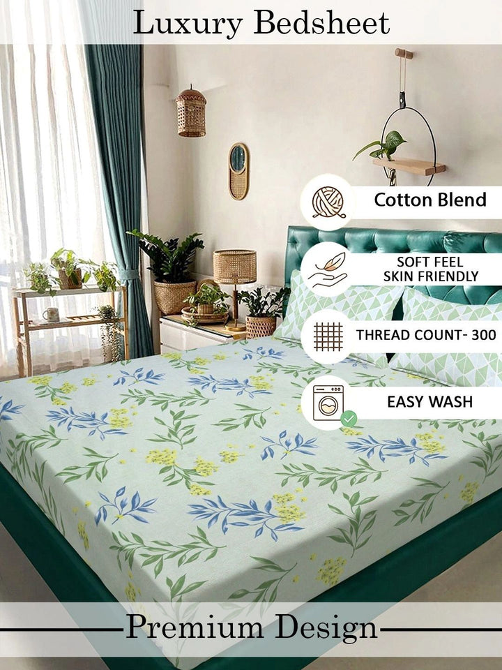Moda Rapido X KLOTTHE Green & Blue Floral 300 TC King Bedsheet with 2 Pillow Covers