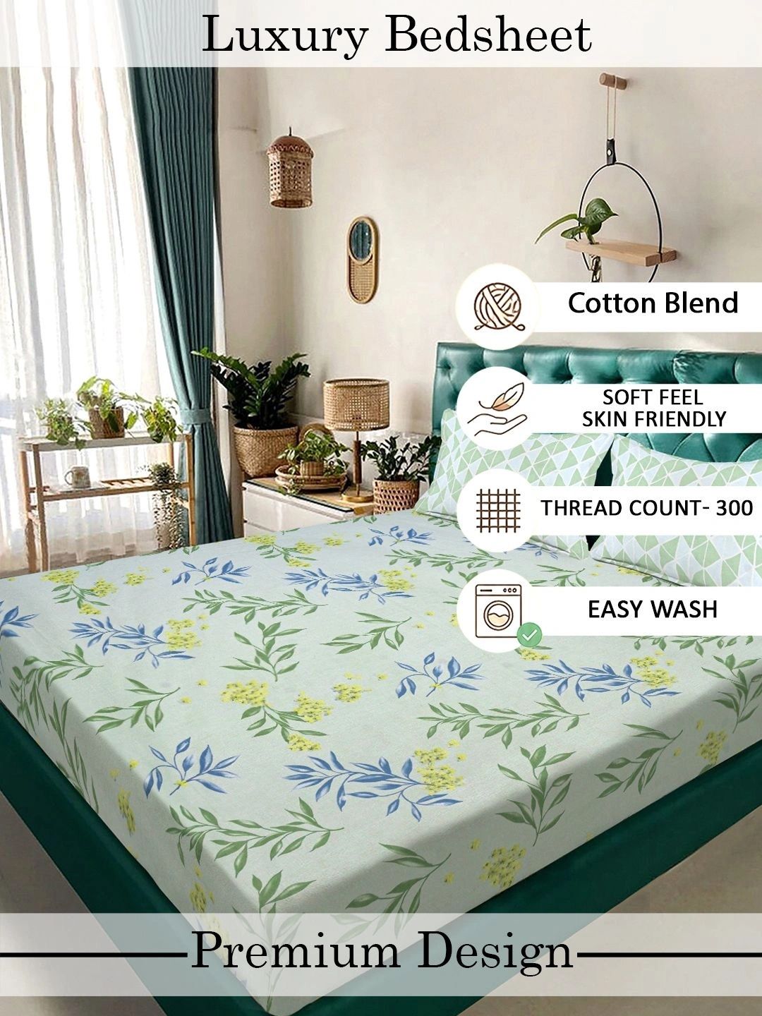 Moda Rapido X KLOTTHE Green & Blue Floral 300 TC King Bedsheet with 2 Pillow Covers