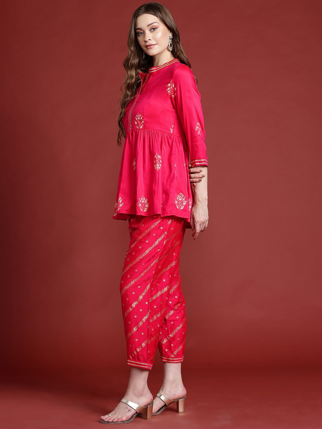 Anouk Ethnic Motifs Printed Pleated Gotta Patti Kurta with Trousers