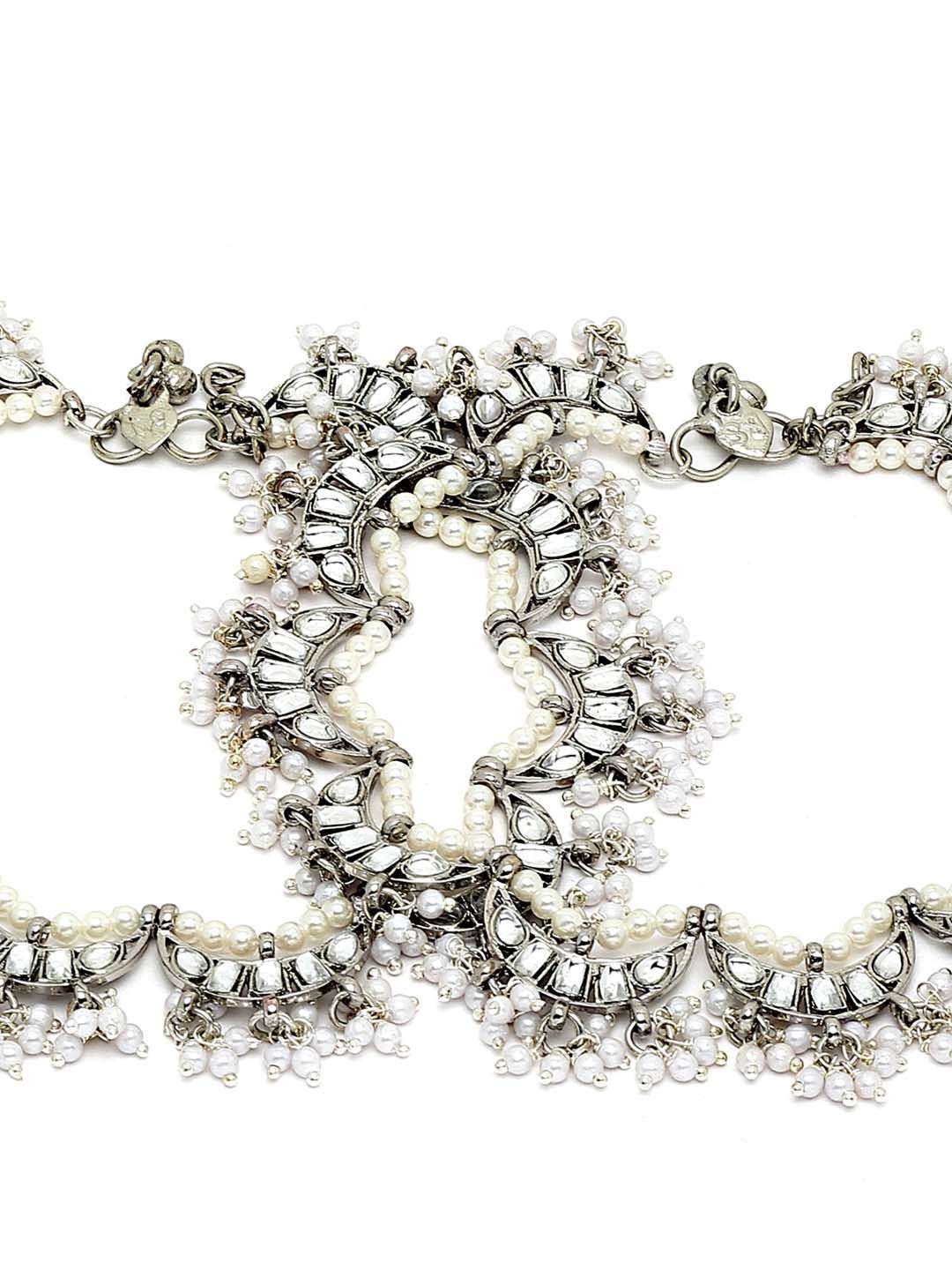 KARATCART Women Set Of 2 Silver-Toned & White Oxidized Anklets