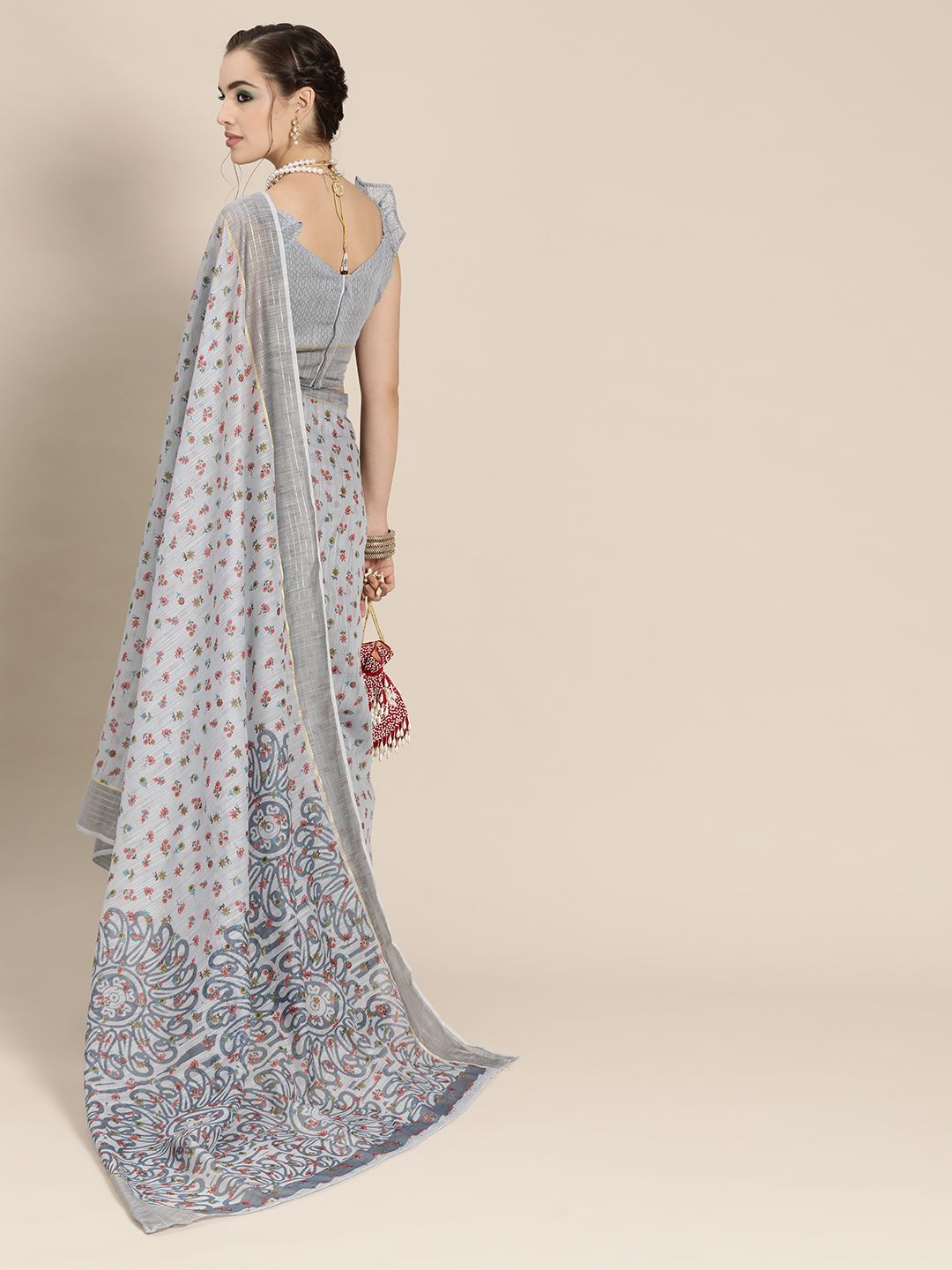 Saree mall Grey & Maroon Floral Linen Blend Chanderi Sarees