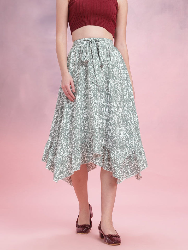 DressBerry Ruffled Micro Ditsy Print Flared Midi Skirt with Belt