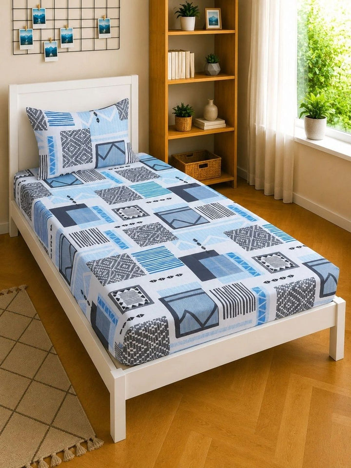 Moda Rapido X KLOTTHE Blue & Grey Geometric 400 TC Single Bedsheet with 1 Pillow Covers