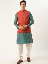 SOJANYA Kurta Motif Etnik Biru Teal & Merah Lelaki dengan Jaket Churidar & Nehru
