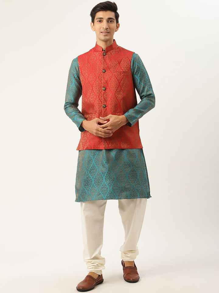 SOJANYA Kurta Motif Etnik Biru Teal & Merah Lelaki dengan Jaket Churidar & Nehru