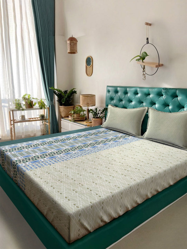 Myntra Elegant Homes Blue Geometric 400 TC Fitted Cotton King Bedsheet Set 2.70 m x 2.70 m