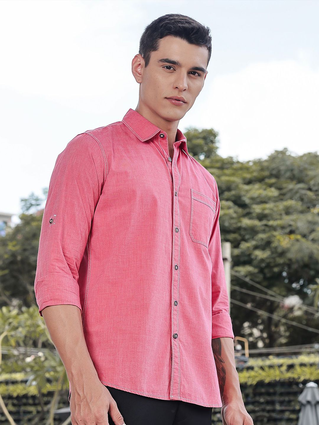 Thomas Scott Classic Slim Fit Spread Collar Roll-Up Sleeves Pure Cotton Casual Shirt