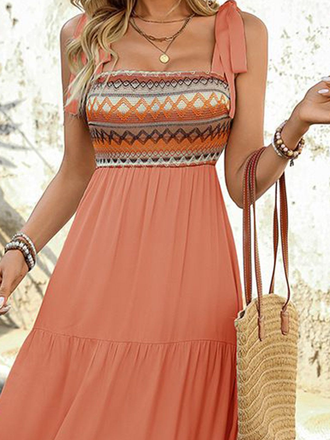 all about you Women Tie-Up Neck Tiered Fit and Flare Midi Dress