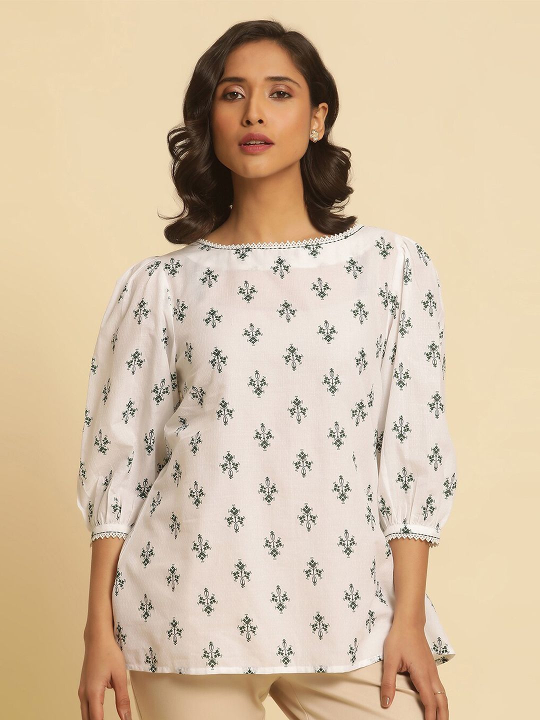 W Ethnic Motifs Printed Boat Neck Puff Sleeves Cotton Top