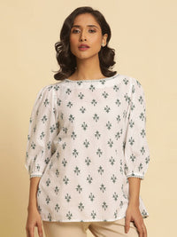W Ethnic Motifs Printed Boat Neck Puff Sleeves Cotton Top