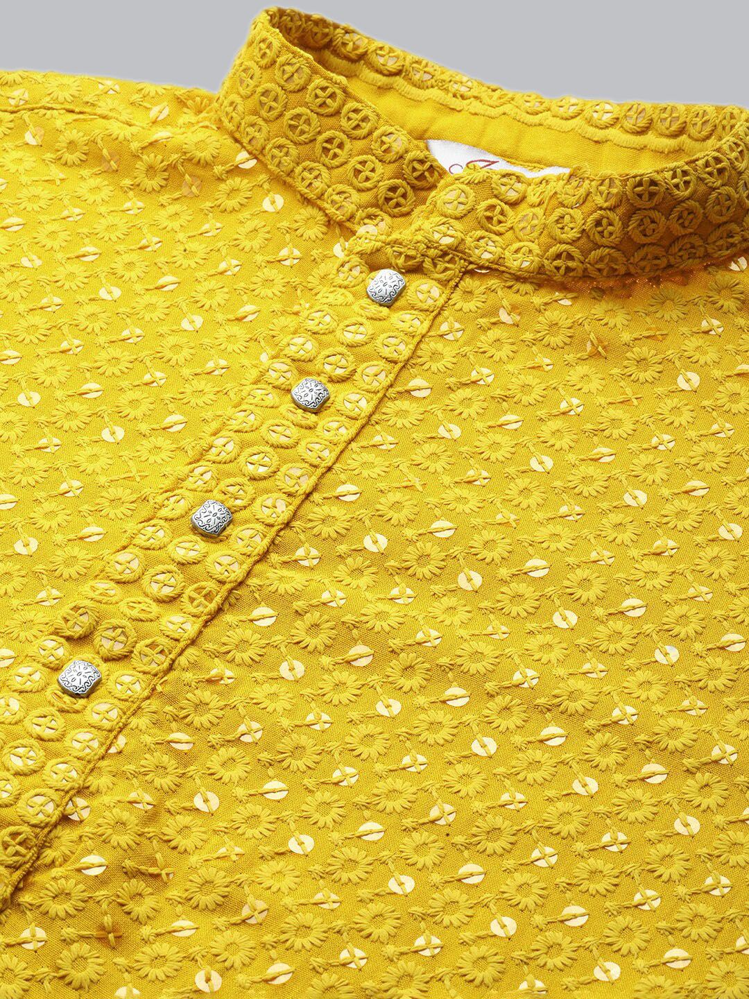 Jompers Floral Embroidered Sequinned Chikankari Cotton Kurta
