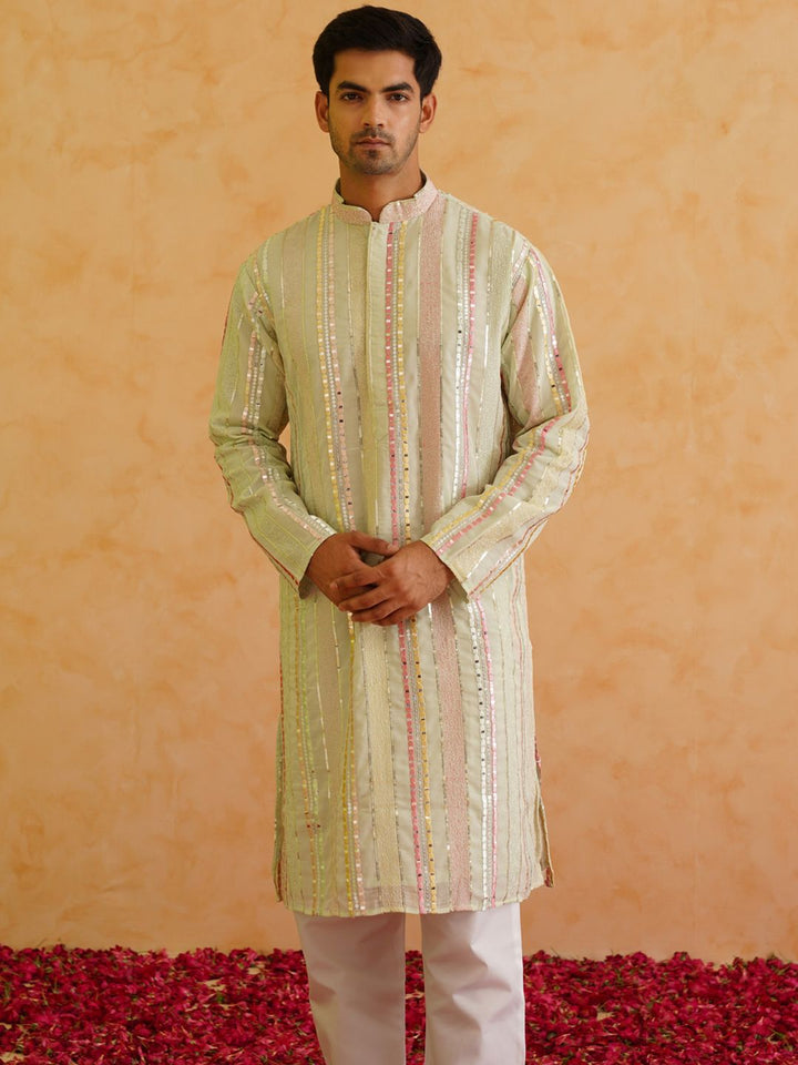 SOJANYA LUXE Striped Embellished Mandarin Collar Mirror Work Georgette Straight Kurta