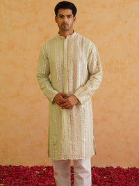 SOJANYA LUXE Striped Embellished Mandarin Collar Mirror Work Georgette Straight Kurta