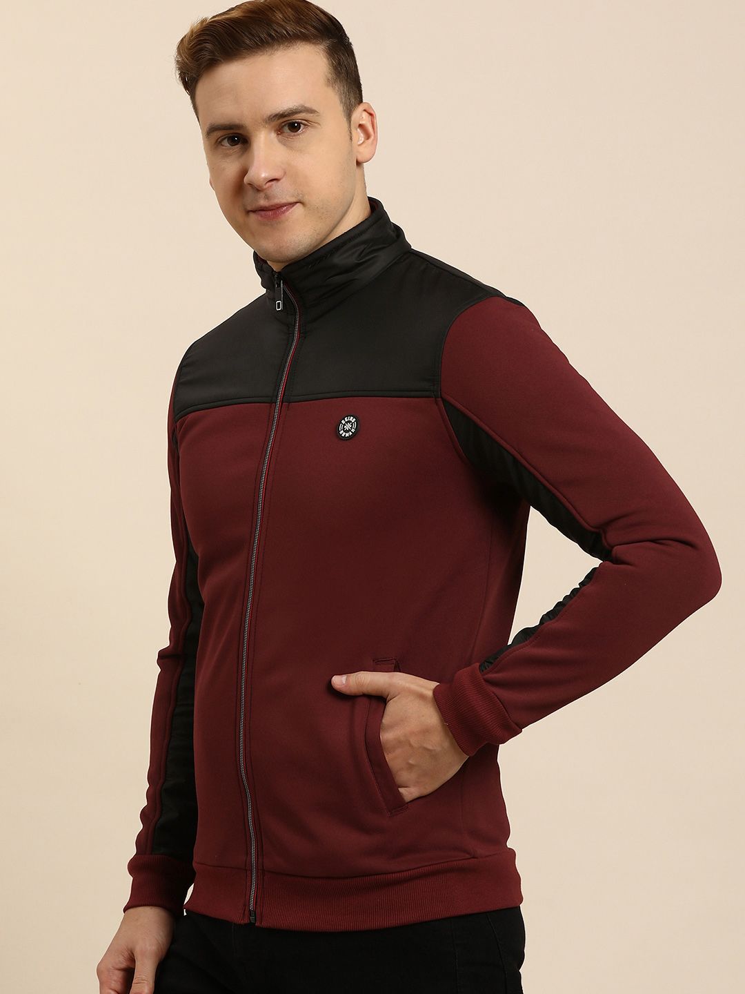 Being Human Men Colourblocked Mock-Collar Front-Open Sweatshirt