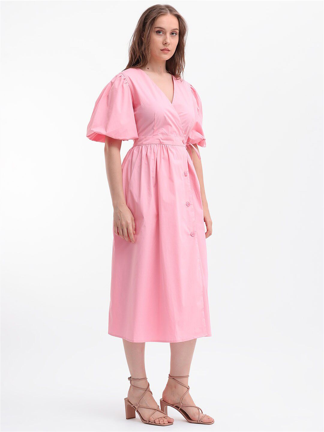 Rareism Puff Sleeve Midi Wrap Dress