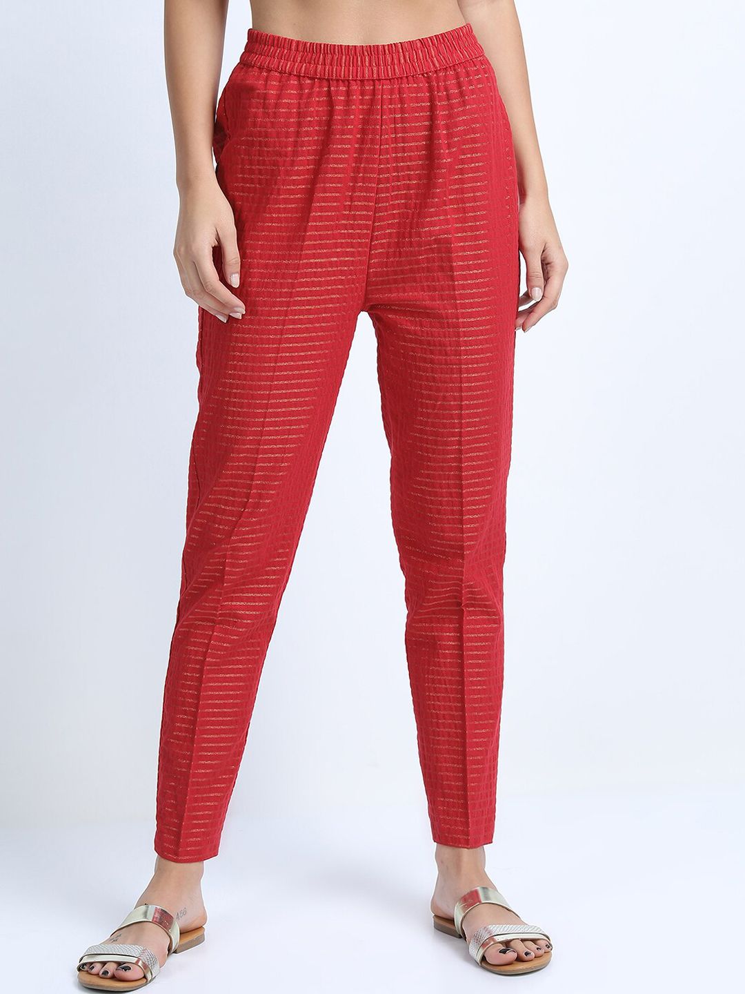 Vishudh Women Red Embroidered Pure Cotton Kurta with Trousers