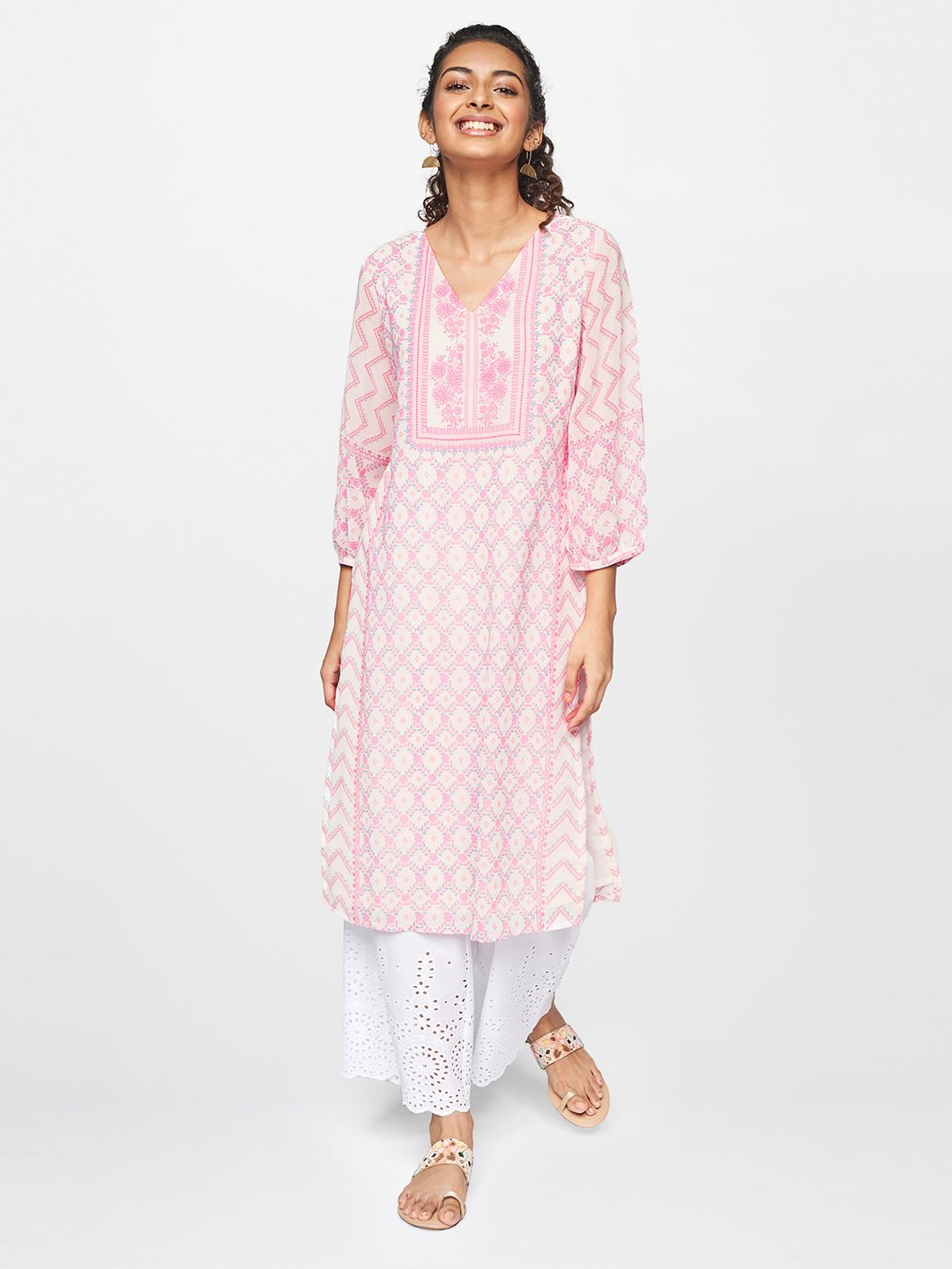 Global Desi Women Cream-Coloured & Pink Floral Printed V-Neck Straight Kurta