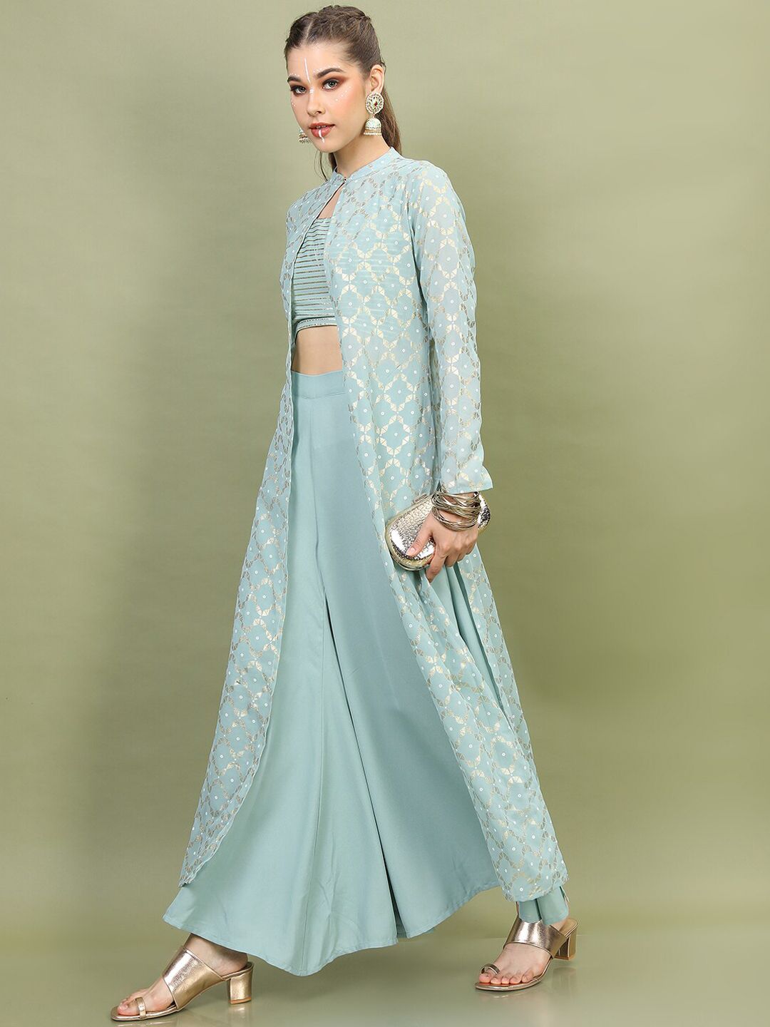 Vishudh Women Sea Green Embroidered Layered Top With Palazzos And Jacket