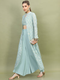 Vishudh Women Sea Green Embroidered Layered Top With Palazzos And Jacket