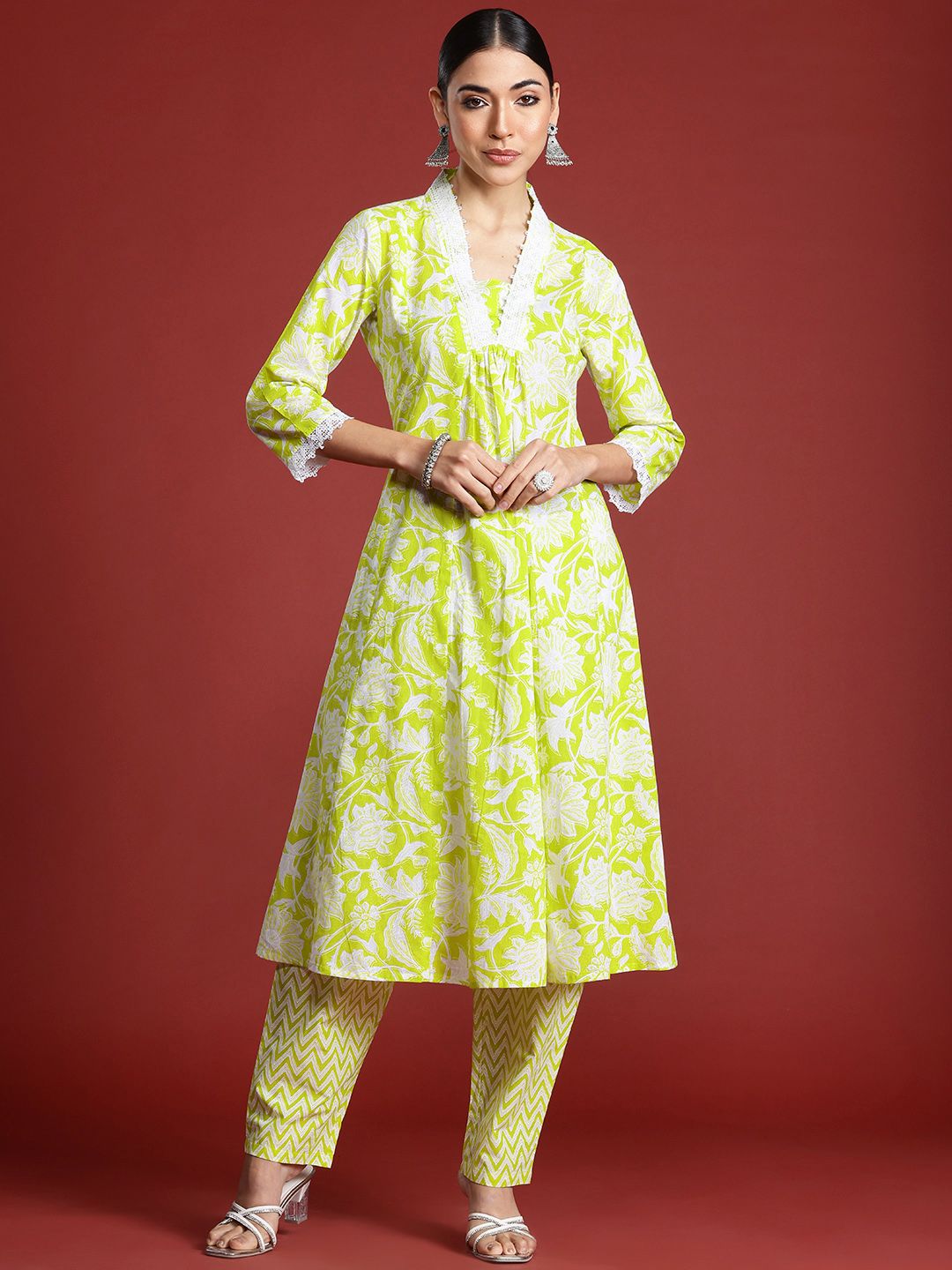 Indo Era Women Floral Printed Pleated Pure Cotton Kurta with Trousers