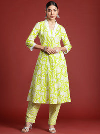 Indo Era Women Floral Printed Pleated Pure Cotton Kurta with Trousers