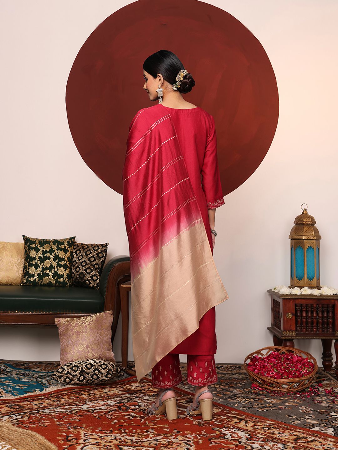 Varanga Women Maroon Yoke Design Kurta with Trousers & With Dupatta