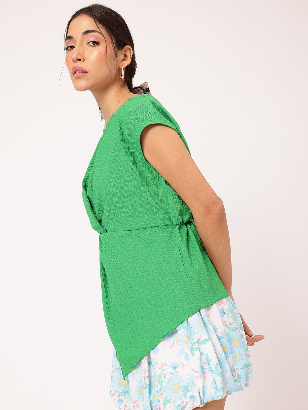 DressBerry Luxe Layering Textured Pleated Cinched Waist Top