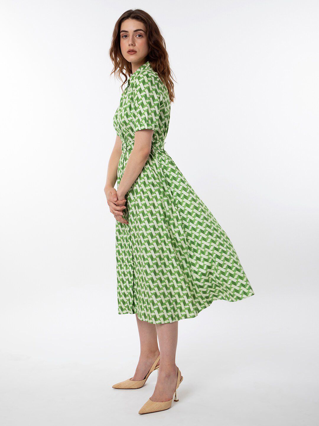 RAREISM Geometric Printed Cotton Midi Shirt Dress